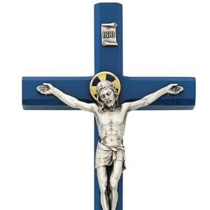 BLUE PAINTED WOOD CRUCIFIX WITH SILVER